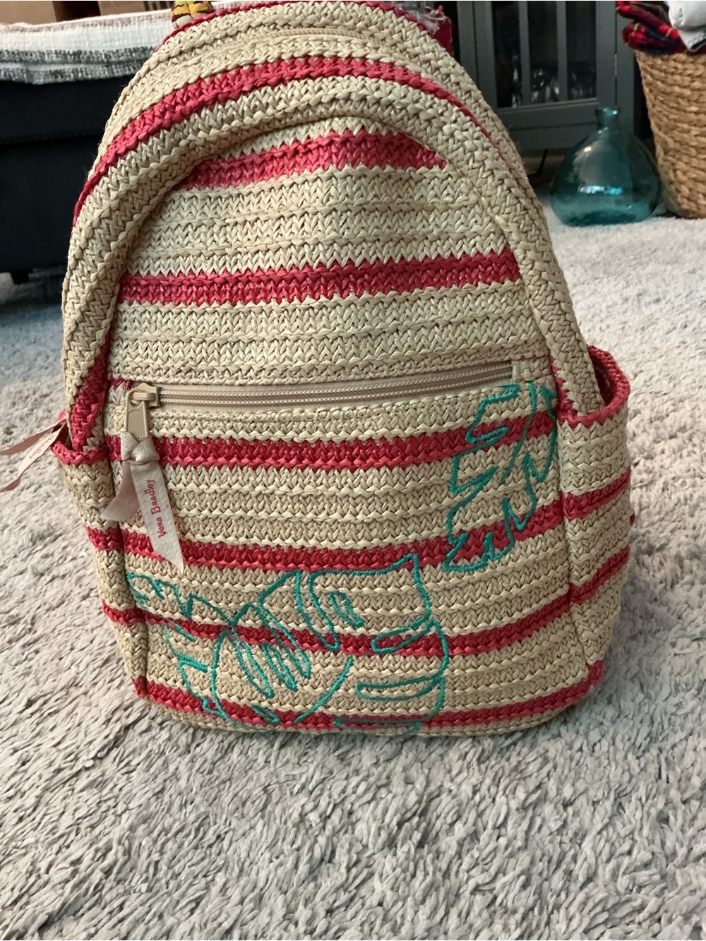 Vera Bradley Straw-Style Backpack in Natural, Embroidery tropical cozy beach